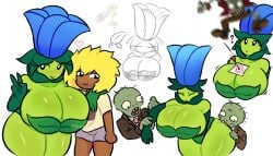 1boy 1girls 1girls1boy 2d 2d_(artwork) 2d_artwork big_breasts black_eyes blonde-haired_male blonde_hair breasts breasts_bigger_than_head bungee_zombie_(pvz) cleavage color dark-skinned_male dark_skin deep_cleavage digital_drawing_(artwork) digital_media_(artwork) flower flower_on_head green_body green_skin hira.shotgun huge_breasts large_breasts larger_female looking_up moonflower_(pvz) peace_sign plant plant_girl plant_humanoid plants_vs_zombies popcap_games pvz shiny shiny_breasts shiny_skin shiny_thighs simple_background smaller_female smaller_male_larger_female white_background zombie zombie_(pvz)
