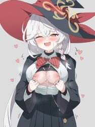 :d absurdres arms_up black_bra black_hat black_skirt blue_archive blush bow bowtie bra braid breasts bright_pupils cleavage collared_shirt commentary_request cowboy_shot crossed_bangs diagonal-striped_bow diagonal-striped_bowtie diagonal-striped_clothes earrings eri_(blue_archive) eyelashes female flying_sweatdrops grey_background grey_hair hair_between_eyes halo hat highres jewelry lace-trimmed_bra lace_trim laevatein_(touhou) large_breasts long_hair low_ponytail motion_lines multiple_rings oerba_yun_fang open_clothes open_mouth open_shirt orange_eyes pleated_skirt ponytail presenting_breasts pulling_own_clothes red_bow red_bowtie rehu_(mangyu) ring school_uniform shirt simple_background single_braid skirt smile solo speech_bubble striped_bow striped_bowtie striped_clothes sweat translation_request tsurime turtleneck underwear v-shaped_eyebrows very_long_hair white_pupils white_shirt witch witch_hat yellow_halo