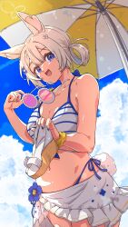 animal_ears bangs bare_shoulders beach_umbrella bikini bikini_skirt blue_bikini blue_eyes blue_sky breasts bunny_tail cloud day eyebrows_visible_through_hair female flower hair_ornament holding holding_umbrella looking_at_viewer navel open_mouth outdoors parasol short_hair sky small_breasts solo swimsuit tail umbrella vyugen yenko