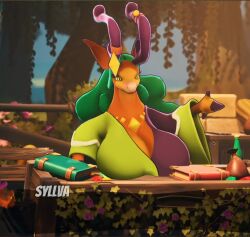 1girls antlers book breast_growth cleavage cleavage_cutout deer deer_girl edit edited edited_image edited_screencap fur furry furry_female furry_only gem green_hair horns huge_breasts long_hair ornament robe syllva wonderful_neoran_valley yellow_eyes