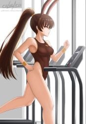 1girls brown_eyes brown_leotard bunny_ears bunny_girl clothed_female cslucaris exercise leotard ponytail rwby solo_female sweaty_body treadmill velvet_scarlatina