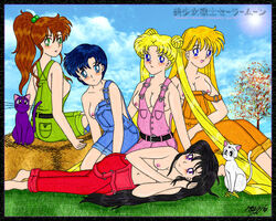 5girls ami_mizuno animal artemis_(sailor_moon) bishoujo_senshi_sailor_moon black_hair blush breasts cat clothing color feline female female_only feral fur hair human interspecies long_hair luna_(sailor_moon) makoto_kino minako_aino multiple_girls nipples no_bra nude outdoors overalls rei_hino sargonr sitting small_breasts usagi_tsukino