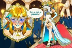 ai_art ai_generated alternate_view beautiful_face blue_eyes blue_hair blue_lipstick blush caged_cock chastity_cage choker crossdressing crowd crowded dress elf_ears enjoying exhibitionism fan fancy_clothing fancy_dress femboy feminine_male feminization festival fingerless_gloves folding_fan gloves glowing_eyes gold_hair hand_on_hip heart hearts_around_head hiding_face link makeup male_only masked masked_male nintendo novelai posing public public_exposure public_nudity rich seductive seductive_look seductive_smile sissy smirk text the_legend_of_zelda triforce very_long_hair wealthy wink