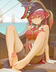 1boy 1futa 2025 ai_generated artist_name barefoot blush breasts bust chest cock dick feet feet_fetish foot_fetish foot_play footjob futanari gloves hair_ribbon hat heterochromia hi_res high_quality high_resolution highres hololive houshou_marine legs leotard long_hair looking_at_viewer novalust patreon patreon_username penis pirate_hat red_eyes red_hair ribbon smile solo_focus stable_diffusion straight toejob twintails virtual_youtuber vtuber watermark yellow_eyes