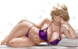 1girls artist_name bakugou_mitsuki barefoot blonde_hair boku_no_hero_academia bra breasts collarbone easonx female female_only front-tie_bra huge_breasts lying lying_on_side mature_female navel on_side panties pillow purple_bra purple_panties red_eyes spiked_hair stomach sweat thick_thighs thighs toes underwear white_background