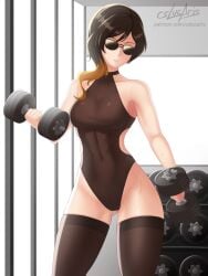 1girls brown_hair brown_hair_female brown_leotard coco_adel cslucaris leotard lifting_weights rwby solo_female sunglasses sweaty_body weightlifting weights