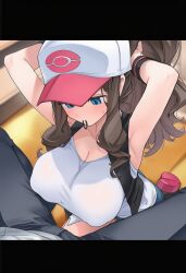 1boy 1girls ai_generated armpits before_oral blush cap hilda_(pokemon) imminent_fellatio imminent_oral implied_oral kneeling nipple_bulge pokemon ponytail puffy_nipples sexually_suggestive sweat sweatdrop tied_hair ud31665690