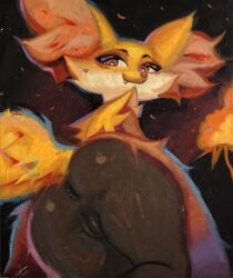 anthro anus ass big_butt black_anus black_body black_fur black_vulva brown_nose cheek_tuft delphox eyelashes facial_tuft female fur generation_6_pokemon genitals hi_res inner_ear_fluff looking_at_viewer looking_back looking_back_at_viewer low-angle_view nintendo orange_body orange_fur painting_(artwork) pokemon pokemon_(species) rear_view smile snaggle_tooth solo thatphatfox thick_thighs traditional_media_(artwork) traditional_painting_(artwork) tuft vulva white_body white_fur wide_hips yellow_body yellow_fur