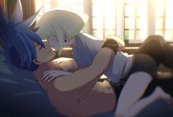 2boys androgynous clothed clothing femboy galo_thymos gay hugging lio_fotia on_top promare questionable size_difference twink wholesome yaoi