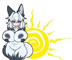 anthro bangs belly big_breasts breast_grab breast_squeeze breasts chest_tuft fangs female female_only fox fox_ears fox_tail furry furry_only gray_hair hips huge_breasts long_hair marking_below_eyes markings naked naked_female nova_3050 original_character red_eyes simple_background smile sun thick_ass thick_thighs white_background white_fur white_hair wide_hips