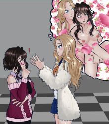 2girls blonde_hair blue_eyes brown_hair danganronpa_another fantasy fingering fur_coat glasses lesbian_sex magorobi_emma mitsume_kokoro nail_polish nipple_play nipples pink_sweater purple_nails school_uniform super_danganronpa_another_2 teal yellow_eyes yuri