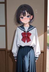 1futa 1girls against_wall ai_generated black_hair blush bowtie closed_mouth devaster dickgirl embarrassed female futanari intersex long_skirt long_sleeves looking_at_viewer nervous penis_bulge sailor_collar sailor_uniform school_girl school_uniform schoolgirl short_hair shy skirt skirt_bulge small_breasts solo solo_futa standing teenage_futa wall