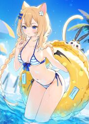 animal animal_ears bare_arms bare_shoulders bikini bird blonde_hair blue_bikini blue_eyes blue_nails blue_sky blurry bow braid breasts cat_ears cleavage closed_mouth cloud collarbone day female front-tie_bikini front-tie_top hair_ornament hairbow halterneck holding_innertube innertube long_hair looking_at_viewer medium_breasts nail_polish navel outdoors side-tie_bikini sky small_breasts smile solo standing string_bikini striped striped_bikini swimsuit tail twin_braids very_long_hair vyugen wading water yenko yenkoes