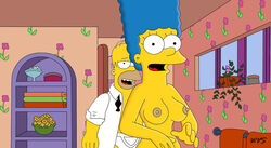 bald blue_hair breasts clothes color curly_hair exposed_breasts eyes female front_view hair homer_simpson human indoors long_hair male marge_simpson mouth nipples open_clothes open_eyes open_mouth shirt skin the_simpsons towel underwear wvs yellow_skin