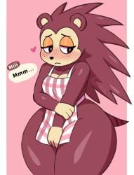 animal_crossing animal_ears anthro apron ass blush embarrassed embarrassed_female female hedgehog_girl nintendo nude_apron red_fur sable_able shy tail tamalito text thick_thighs