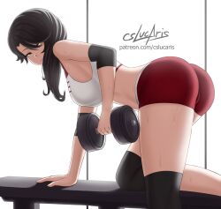 1girls amber_eyes ass black_hair black_hair_female cinder_fall clothed_female cslucaris gym_clothes gym_shorts gym_uniform lifting_weights rwby solo_female sweaty_body villainess weightlifting weights