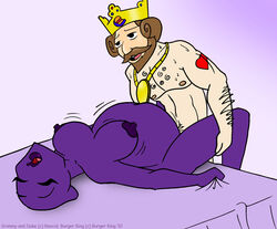 2010 anthro beard beige_skin black_eyes breasts brown_hair burger_king closed_eyes color crown facial_hair female grimace_(mcdonald's) hair heart human interspecies lying male mascot mcdonald's moustache necklace nipples nude on_back open_eyes purple_nipples purple_skin rancid rule_63 sex short_hair tattoo the_king_(burger_king) what