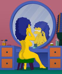 1girls ass big_breasts blue_hair completely_nude dimples_of_venus earrings gp375 large_breasts looking_at_mirror marge_simpson mirror nipples nude perfume sitting_on_stool solo_female stool the_simpsons yellow_body yellow_skin