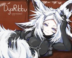 animal_ear_fluff animal_ears bangs blue_eyes breasts closed_mouth dya_rikku_(vtuber) fang_out female looking_at_viewer lying oerba_yun_fang smile solo vyugen white_hair