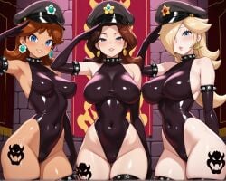3girls ai_generated banner bare_shoulders blonde_hair blue_eyes blush bowser_tattoo breasts brown_hair corruption covered_navel earrings elbow_gloves female_only flower_earrings group hair_between_eyes hair_over_one_eye halterneck indoors large_breasts leotard long_hair looking_at_viewer medium_breasts military_hat narrow_waist notreallyhere parted_bangs parted_lips pauline peaked_cap perky_breasts princess_daisy princess_rosalina salute smile spiked_collar spiked_gloves spiked_thighhighs standing star_earrings stone_wall tattoo thigh_tattoo thighhighs thighs