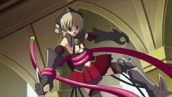 animated blue_eyes breast_expansion bunny_ears disguise dwarf dwarf_female flat_chest flat_chested glowing hair_hand hands_covering_breasts large_breasts laughing melona outfit_change pink_hair prehensile_hair queen's_blade screencap slime_girl tentacle transformation ymir_(queen's_blade)