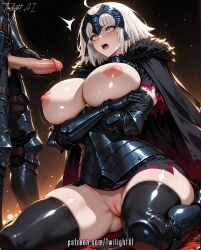 ahoge armor armored_boots armored_dress arms_under_breasts artist_name ass_visible black_cape black_dress black_gloves black_thighhighs blush boots breast_hold breasts breasts_out cape chains crossed_arms dress erection female fur-trimmed_cape fur_collar fur_trim gauntlets gloves grey_hair headpiece huge_breasts jeanne_d'arc_(alter) jeanne_d'arc_(fate) large_breasts looking_at_penis nipples open_mouth patreon_username penis pussy pussy_juice short_hair signature sitting solo_focus straight surprised sweat teeth thicc thicc_thighs thick_thighs thighhighs thighs torn_clothes twilightai uncensored wariza white_hair yellow_eyes