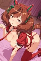 ai_generated big_breasts blush breasts_out brown_eyes brown_hair cat_paws catgirl garter_belt garter_straps horse_girl leash leash_and_collar leash_pull liltigerx looking_at_viewer nice_nature_(umamusume) nipples on_bed on_knees panties red_legwear thick_ass thick_thighs thighhighs umamusume umamusume_pretty_derby view_from_front