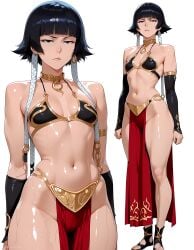 ai, ai_art ai_generated armlet armor artist_name bare_shoulders bikini bikini_armor black_eyes black_footwear black_hair bleach bleach:_the_thousand-year_blood_war blunt_bangs breasts closed_mouth detached_sleeves earrings egyptian_clothes female frown full_body gold_choker, gold_trim groin hoop_earrings jewelry loincloth looking_at_viewer multiple_views navel neck_ring no_panties pelvic_curtain sandals shiny_skin short_hair short_hair_with_long_locks simple_background small_breasts soifon standing stomach sui-feng sweat swimsuit tagme thighs toes toned wet white_background xxai