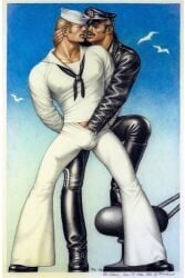 1986 2boys arms_behind_back black_hair blonde_hair bulge dated day flare_pants gay gull leather male male_only moustache muscular nipples_visible_through_clothing original penis_outline sailor_uniform simple_background sky_background tom_of_finland traditional_media