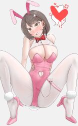 1girls angry_expression angry_face artist_request blush bowtie bowtie_collar breasts brown_hair bunny_ears bunny_girl bunnysuit cleavage cleavage_cutout earpiece female_only goddess_of_victory:_nikke hairband hearts_around_head heels highres legs_apart leotard light-skinned_female light_skin looking_at_viewer milk_(blooming_bunny)_(nikke) milk_(nikke) official_alternate_costume pink_heels pink_leotard simple_background speech_bubble sweat sweatdrop vibrator vibrator_under_clothes white_background white_legwear yellow_eyes