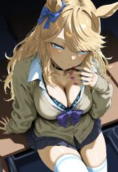 ai_generated animal_ears blonde_hair blue_eyes blue_ribbon bow_knot_ribbon cleavage female gold_city_(umamusume) gyaru horse_girl long_hair looking_up_at_viewer school_uniform skirt smiling umamusume umamusume_pretty_derby