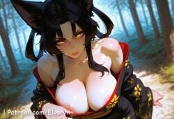 1girls ai_generated areolae black_hair breasts cat_ears catgirl closed_mouth elvoryn evil evil_smile exposed_breasts female forest fringe hi_res high_school_dxd huge_breasts kimono kuroka_(high_school_dxd) large_breasts looking_at_viewer necklace neko nekomimi no_bra outside ribbon seductive_smile solo standing uncensored visible_nipples watermark yellow_eyes younger_female