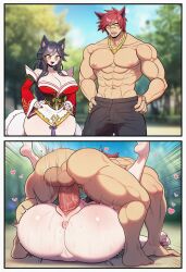 ahri ahri_(league_of_legends) ai_generated big_breasts big_penis mating_press muscular_male sett sex vaginal_sex
