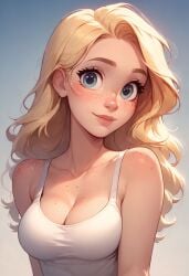 ai_generated blonde_hair blue_eyes blush cleavage cute detailed_background freckles large_breasts meduim_breasts tank_top