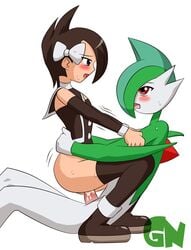 anthro black_hair black_shirt blue_eyes blush bottomless bow clothing cowgirl_position cum cum_in_pussy cum_inside cum_on_penis female female_on_anthro female_on_top gallade girl_on_top green_skin hair hairbow hands_on_hips human interspecies looking_at_partner male marley_(pokemon) nintendo on_top open_mouth penetration penis pokemon pokemon_(species) red_eyes ride riding sex shirt shoes squatting straight sweat thighhighs trembling two_tone_skin vaginal_penetration watermark white_skin