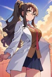 ai_generated detailed_background futaba_rio glasses labcoat large_breasts panties ponytail scientist shiny_skin sidelocks skirt thighs tie tight_clothing upskirt