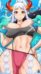 1girls bare_arms bare_legs bare_shoulders bare_thighs bayeuxman big_breasts bikini bikini_bottom bikini_top blush breasts breasts_bigger_than_head clothed clothing color female female_focus female_only fit_female hi_res horns kanabou large_breasts light-skinned_female light_skin long_hair looking_at_viewer one_piece orange_eyes shounen_jump solo solo_female tagme thick_thighs weapon white_hair yamato_(one_piece)