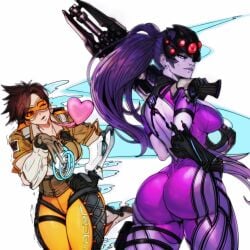 2girls ass ass_focus back back_view big_ass big_breasts big_butt blizzard_entertainment brown_eyes brown_hair clothed clothing color female female_focus female_only hi_res large_breasts light-skinned_female light_skin long_hair looking_at_viewer master_dcj overwatch overwatch_2 purple_hair short_hair solo_female superheroine tagme thick_thighs tracer villainess weapon widowmaker