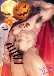 abs balls bara biceps big_balls big_penis erection halloween holidays konpenpen male male_nipples male_only manly muscular_male nipples nude pecs penis pumpkin pumpkin_head