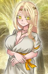 1girls beautiful_background big_breasts blonde_hair braided_hair breasts crown dress_shirt elden_ring fromsoftware light-skinned_female long_hair miquella miquella_the_kind necklace nipples rule_63 smiling solo_female white_dress yellow_eyes