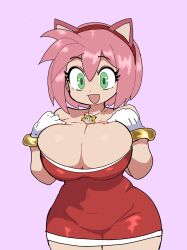 amy_rose amy_rose_(cosplay) fruitheadart gijinka green_eyes huge_breasts humanized pink_hair sonic_(series) sonic_the_hedgehog_(series) sonichu_(character) tagme thick_thighs