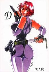 ass bare_shoulders bodysuit breasts brown_eyes crossdraw_holster dino_crisis dual_wielding elbow_gloves female fingerless_gloves gloves gun handgun holding holster knife large_breasts looking_back purple_bodysuit red_hair regina_(dino_crisis) sheath shigeru_don shiny_clothes short_hair skin_tight solo spandex unsheathing weapon