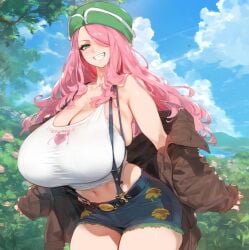 aged_up ai_generated athletic_female bare_legs blue_eyes breasts_bigger_than_head curvaceous curvy_female female female_only gigantic_breasts hair_over_one_eye hat huge_breasts huge_thighs jewelry_bonney light-skinned_female light_skin long_hair looking_at_viewer massive_breast one_piece oppai-love pink_hair short_shorts shounen_jump smiling solo_female thick_body thick_female thick_thighs thighs voluptuous voluptuous_female