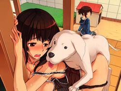 2girls against_wall backyard blush brown_eyes brown_hair canine casual clothed doghouse hoodie jajala lingerie multiple_girls panties_down sweat underwear voyeurism zoophilia