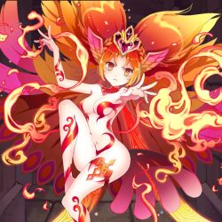 almost_naked ass belly breasts dungeon_and_girls fire legs monster_girl navel phoenix raised_leg short_hair thighs