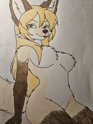 1girls alternate_color anthro averi_(fiddleafox) big_breasts blue_eyes breasts brown_fur canid canine featureless_breasts female female_anthro fox fur gloves_(marking) hair mammal markings multicolored_fur socks_(marking) tail white_body white_fur yellow_hair