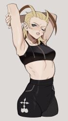 2d 2d_(artwork) 2d_artwork antenna_hair armpit_crease arms_up black_pants black_sports_bra blue_eyes cowboy_shot drawn ear_piercing earrings female hair_slicked_back high-waist_pants holding_own_arm jewelry kingdom_hearts larxene medium_hair midriff navel nobody_(kingdom_hearts) one_eye_closed organization_xiii pants parted_lips piercing porqueloin shirt solo spaghetti_strap sports_bra square_enix stretching stud_earrings sweat sweatdrop zipper