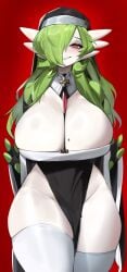 1girls 2020s 2024 2d 2d_(artwork) anthro anthro_only anthrofied big_breasts big_thighs breasts cleavage clothed clothing curly_hair female female_focus female_only gardevoir green_hair hair_over_one_eye hi_res highres hips large_breasts large_thighs loincloth mole_on_breast nintendo nun nun's_habit nun_gardevoir_(cervina7) pokémon_(species) pokemon pokemon_(species) red_background red_eyes smile smiling solo solo_female solo_focus thick_thighs thighhighs thighs voluptuous white_thighhighs wide_hips woobin94