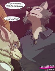 2024 after_fellatio after_oral after_sex anthro beastars blue_eyes bodily_fluids bovid canid canine canis caprine clothing comic dialogue digital_media_(artwork) duo english_text fur grey_body grey_fur hi_res horn legoshi_(beastars) lizardlars male male/male mammal multicolored_body multicolored_fur pina_(beastars) saliva saliva_string sheep shirt tan_body tan_fur text topwear two_tone_body two_tone_fur wolf