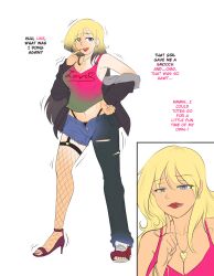 bimbo bimbo_body bimbofication bimbofied denim_shorts female fishnets gender_transformation high_heels kaiza-tg large_ass large_breasts lips mid-transformation midriff mtf_transformation post_transformation short_shorts thick_thighs transformation wide_hips